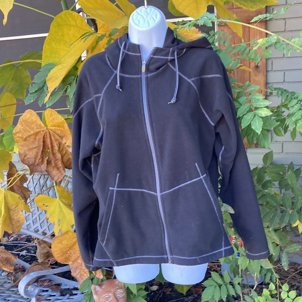 REI FLEECE ZIP, HOODED JACKET. Vented underarms, front side pockets. Size large - Picture 2 of 7